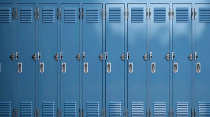 Row of blue lockers in a hallway with closed doors.