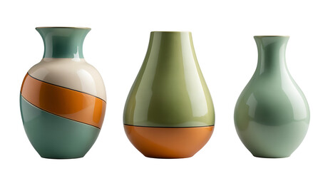 Three ceramic vases in varying shapes and sizes, all with a harmonious blend of orange and green tones. Transparent PNG for versatile use. Perfect for home decor, interior design, or product showcases