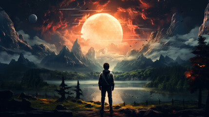 Fototapeta premium Lofi Boy Staring at Night Landscape