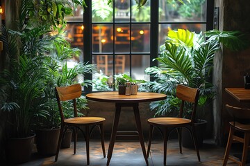 Fototapeta premium Cozy cafe table with chairs, surrounded by lush greenery and a large window.