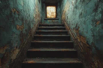 Dark, abandoned staircase leading down into the unknown.