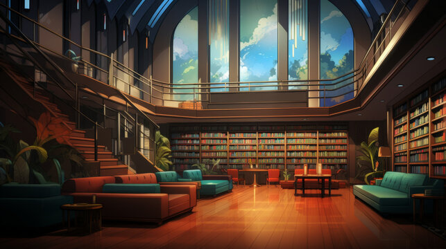 lofi library, anime style, serene, casual, relaxing, aesthetic, indie, hipster, peaceful, tranquil, indoors, stylish, modern, contemporary, digital art, illustration, cartoon, manga, anime scene, yout