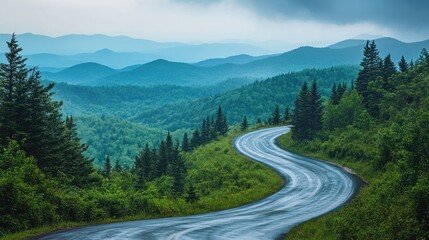 Fototapeta premium Enchanting Curvy Mountain Road Weaving Through a Serene Pine Forest
