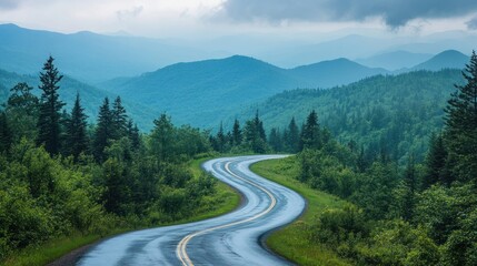 Fototapeta premium Scenic Curvy Road Through Majestic Pine Forest and Misty Mountains
