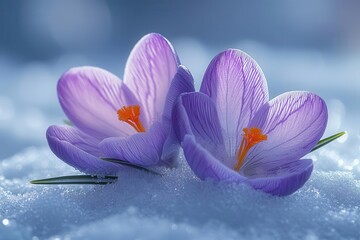 delicate purple crocuses emerging from pristine snow closeup view showcasing intricate petal details and frost crystals soft diffused light creates a magical early spring atmosphere