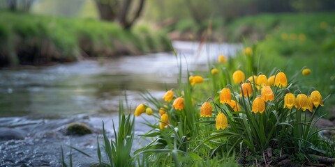 Yellow flowers of Snake s head fritillary Fritillaria meleagris blooming in early Spring along the grassy riverbank