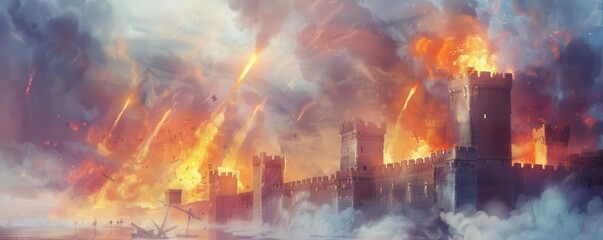 A dramatic scene of a castle engulfed in flames, revealing a fiery sky filled with smoke and chaos.