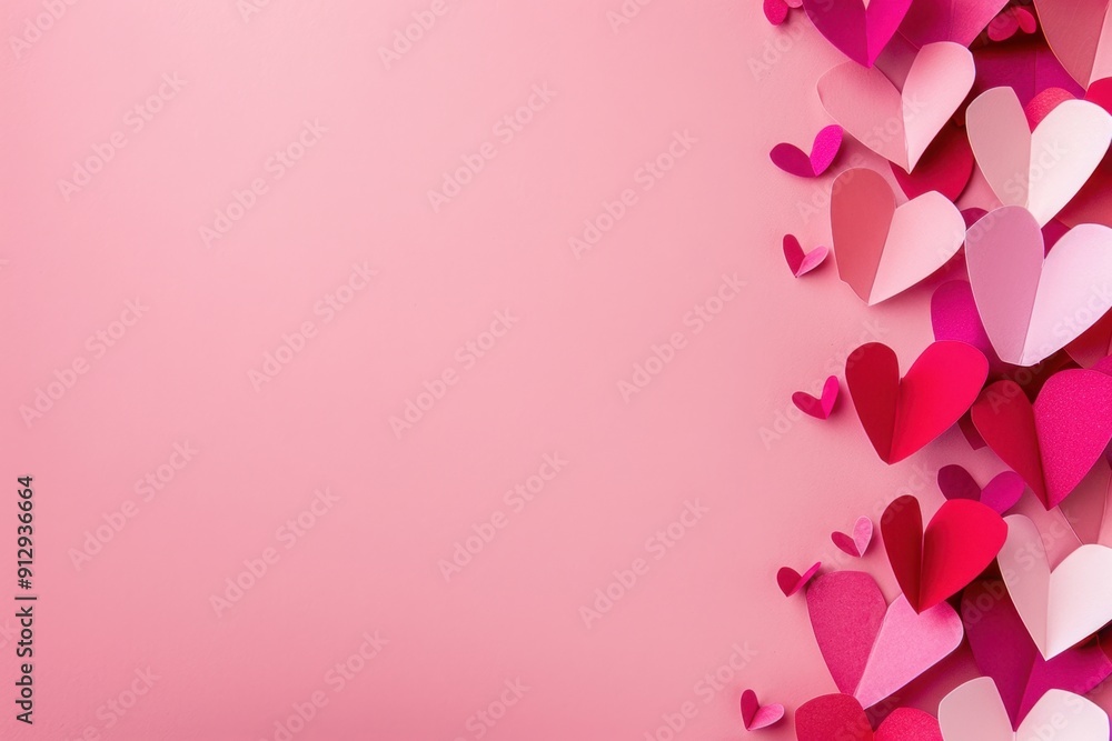 Poster a pink background with paper hearts on the right side, creating an elegant and romantic atmosphere f