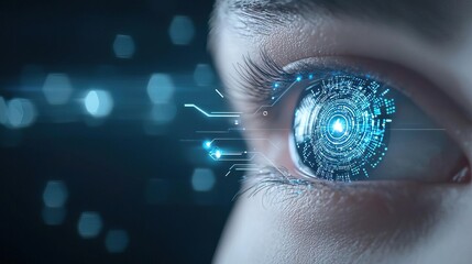 Eye level angle, artificial intelligence chip with digital data streams and futuristic technology elements