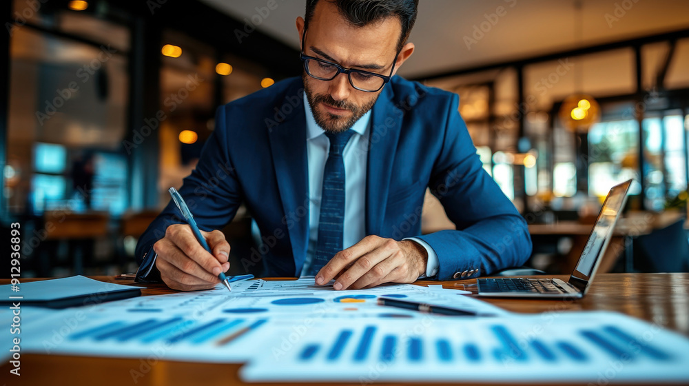 Poster a focused businessman analyzing charts and graphs while working on a laptop in a modern office setti