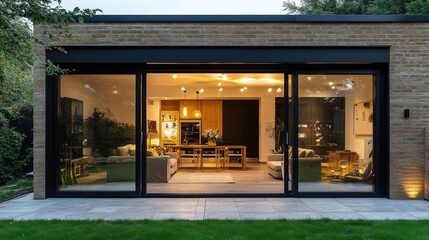 Modern sliding glass doors leading to a well-lit patio area