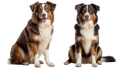 Two Australian Shepherds, one standing, one sitting, both with similar markings and alert expressions. Transparent PNG for versatile use. Perfect for pet care guides, breed information, or animal-them