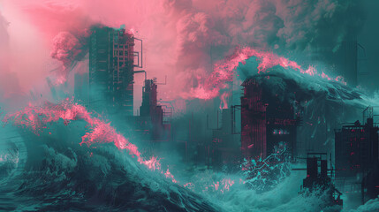 Fototapeta premium Apocalypse global warming climate change sea level rise ocean flood pollution environment destroyed city urban decay dystopian future industrial factory disaster