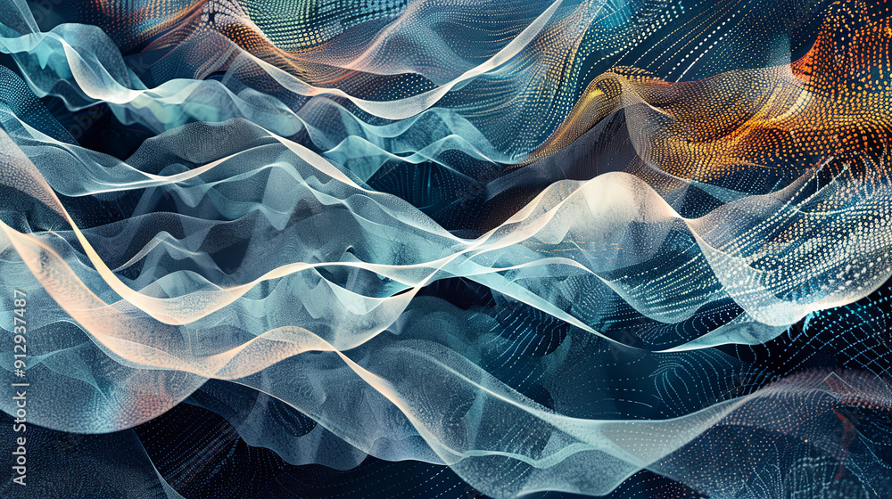 Poster abstract digital landscape with flowing particles and energy waves background cyber technology illus