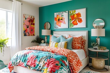 A vibrant bedroom with a turquoise accent wall, multicolored bedding, and a mix of bright and bold artwork and accessories