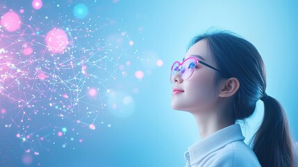 Young woman in glasses looking at glowing abstract digital network.