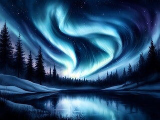 Starry night sky with a stunning display of the Northern Lights on watercolor paper