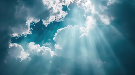 The sun's rays break through the fluffy clouds. Weather conditions. Nature Background. Illustration for cover, card, postcard, interior design, banner, poster, brochure or presentation.