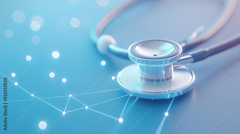 Wall mural close-up of a stethoscope on a blue background with a network connection.