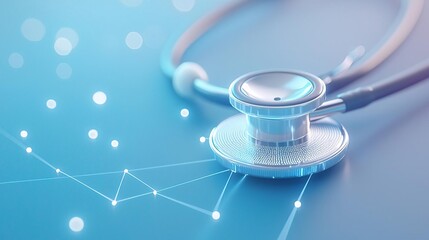 Close-up of a stethoscope on a blue background with a network connection.