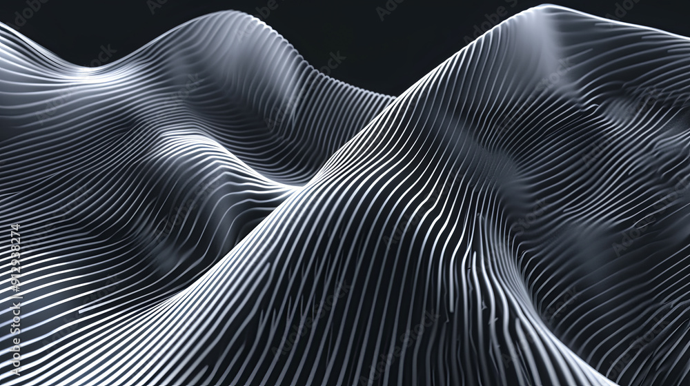 Poster abstract black and white striped waves background flow lines topographic terrain data visualization 