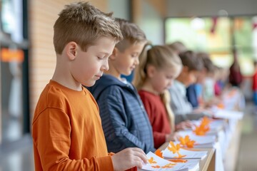 Obraz premium Young children engaged in creative activities, crafting with colorful paper at a classroom table in a bright learning environment.