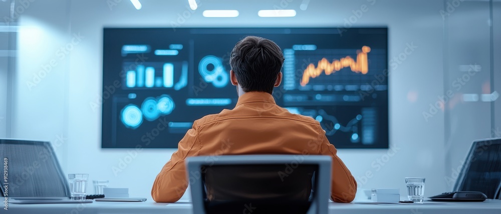 Poster business professional analyzing data on digital screen, focusing on graphs and charts for strategic 