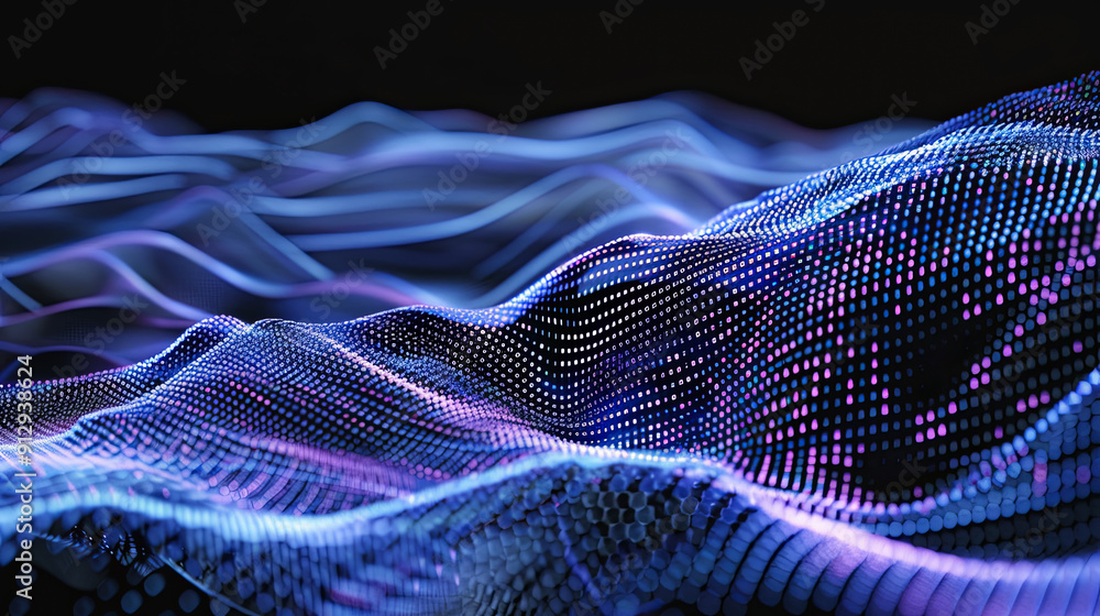Poster abstract blue digital wave background with flowing particles cyber or technology background with lig
