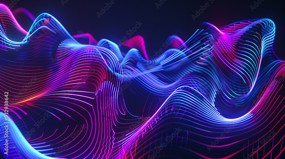 Poster abstract digital wave background with flowing cyber technology particles and glowing neon lines flow