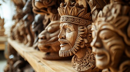 Obraz premium Intricate wooden masks are showcased on a shelf in a Balinese artisan workshop, highlighting traditional craftsmanship and cultural artistry.