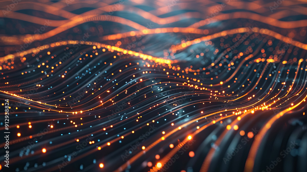 Poster abstract digital wave background with flowing cyber particles technology concept big data visualizat