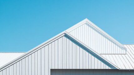 Roof of a contemporary house with geometric lines against a blue sky