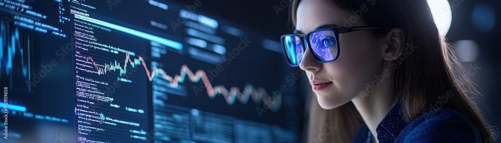 Poster businesswoman analyzes data with computer screen displaying graphs and statistics, showcasing techno