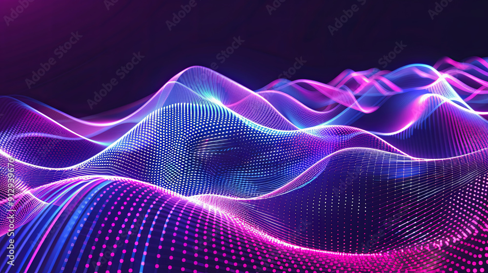 Poster abstract neon background with glowing lines and dots big data visualization futuristic wave digital 