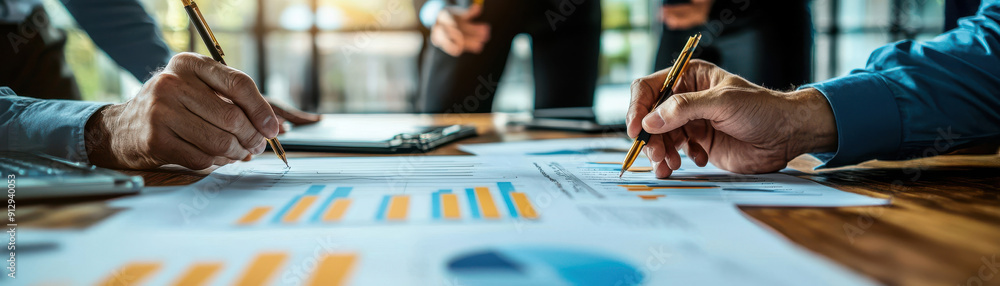 Poster hands of professionals collaborating on business strategy with charts and graphs on a table. focus o