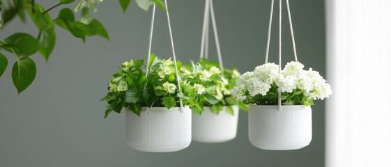 Hanging planters with lush greenery and bright flowers, perfect for modern home decor and indoor gardening ideas.