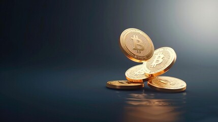 Glowing cryptocurrency coins floating on black background, digital wealth.
