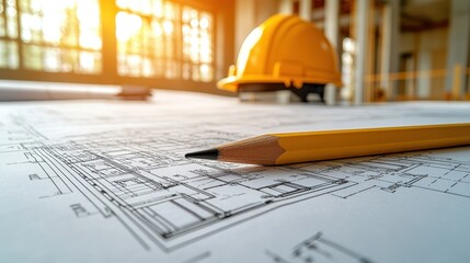 Pencil and Drawing Paper on Construction Site Table - Close-Up of Blueprints with Yellow Helmet, Project Room Interior
