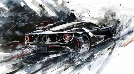 Artistic representation of a sleek black sports car racing through an abstract, dynamic watercolor background, showcasing speed and style.