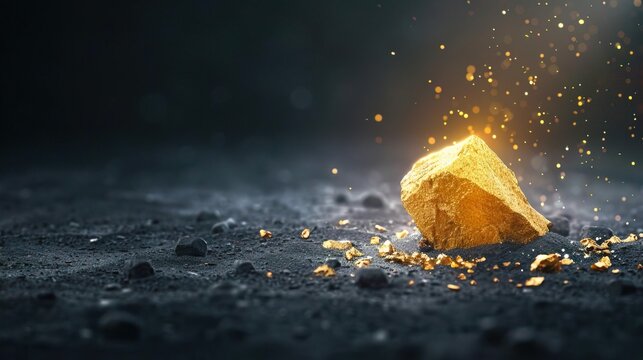 Gold nugget on black background with glowing dust.