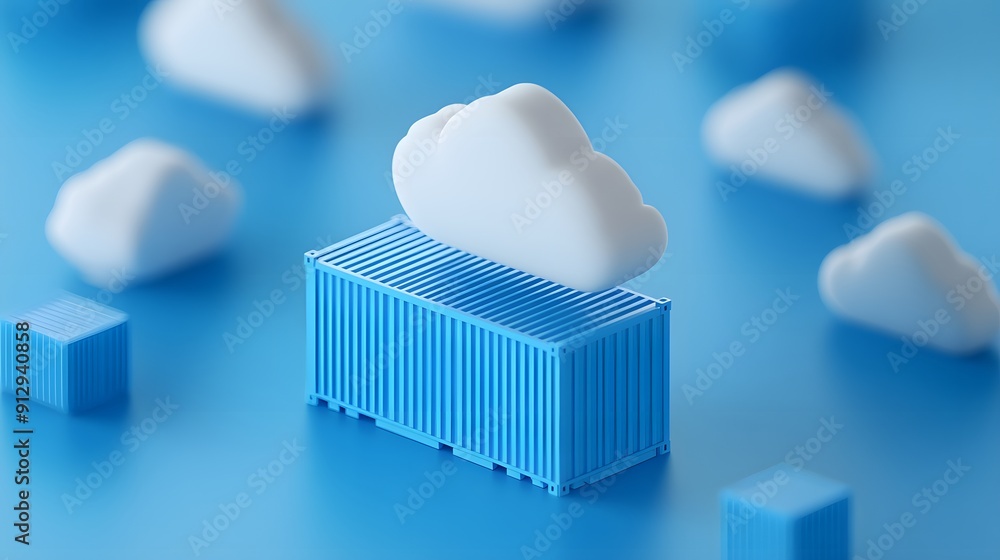 Poster 3d illustration of a cloud computing concept with clouds and containers on a blue background, repres