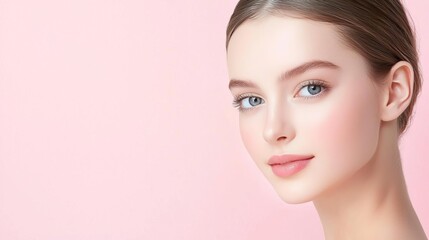 Fototapeta premium Close up, soft-toned woman in minimalist modern setting with muted colors