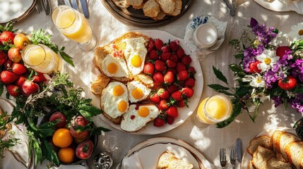 Sophisticated brunch setup from above with eggs benedict, refreshing mimosas, and vibrant fresh fruit