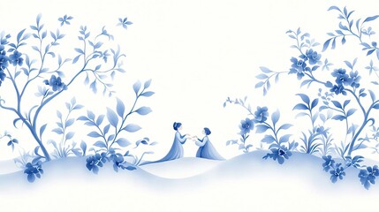 Close up, fanciful Toile de Jouy seamless pattern of fairy lovers in talking flower gardens