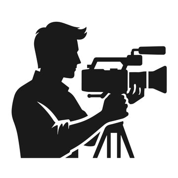 recommend clip art: Black and white vector silhouette of a cameraman isolated on white background