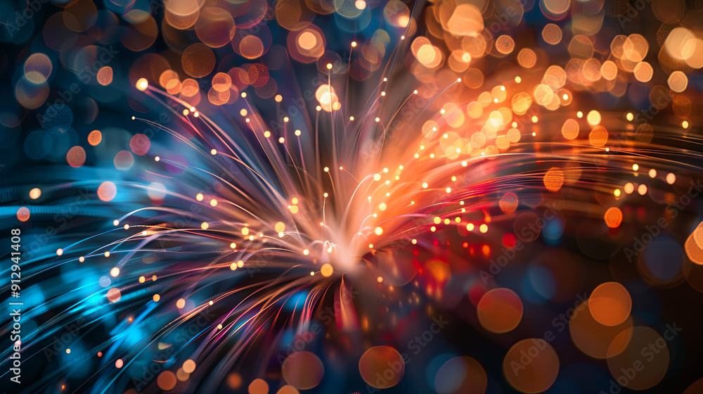 Poster colorful fiber optic cables with abstract blurred bokeh light background technology communication co