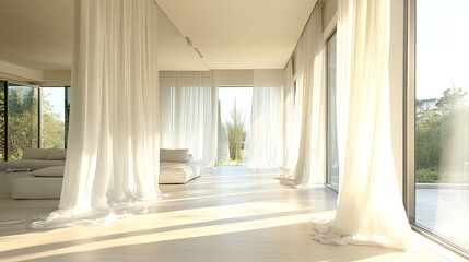 Spacious room with large windows and flowing white curtains