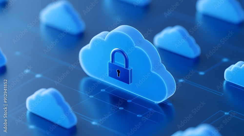 Poster 3d illustration of a cloud with a padlock symbolizing cloud security and data protection in a digita