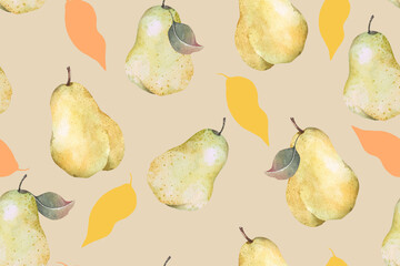 Seamless pattern of pears and leaves.Fruit pattern.Vintage botanical illustration.Suitable for designing fabric patterns, wallpapers, and backgrounds.