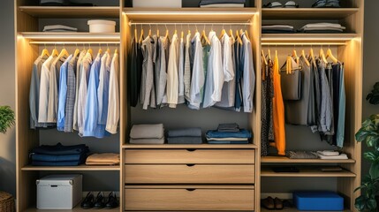 Stylish wardrobe with open doors and neatly organized shelves
